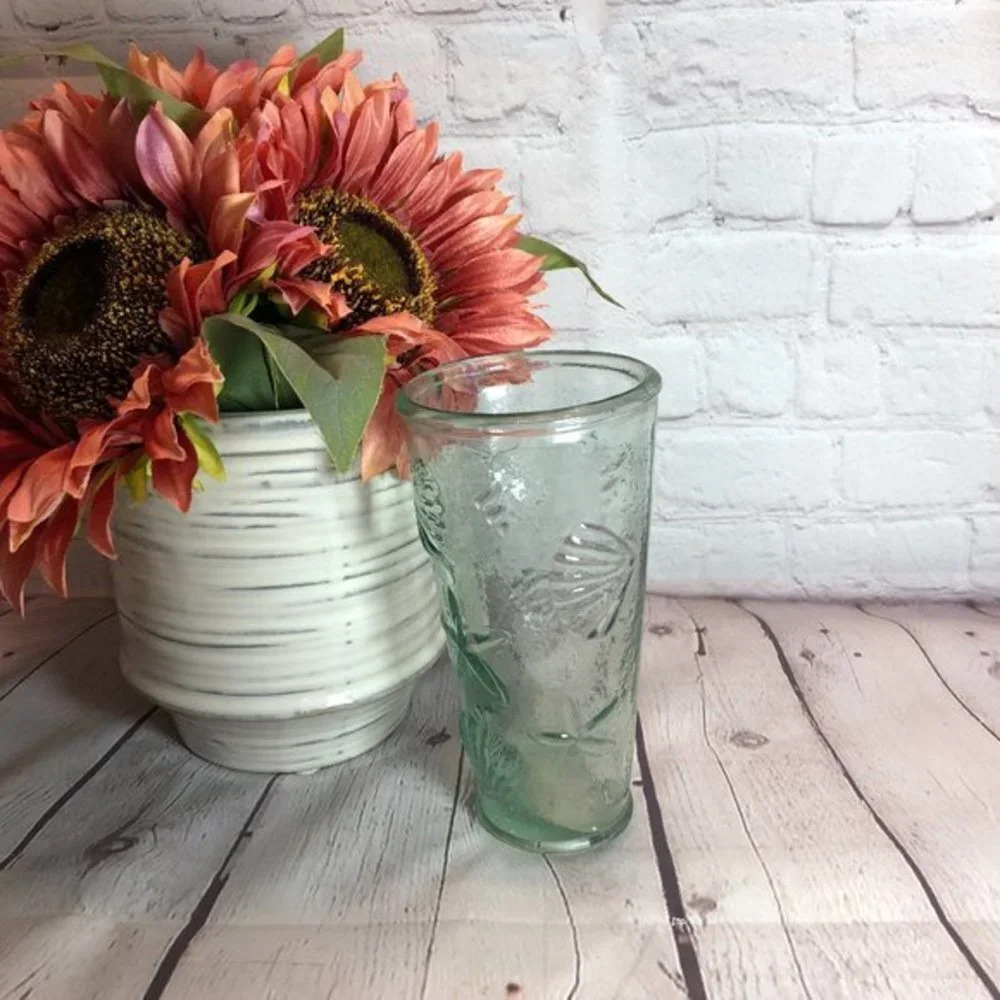 vintage glass vase with beach themed imprints
